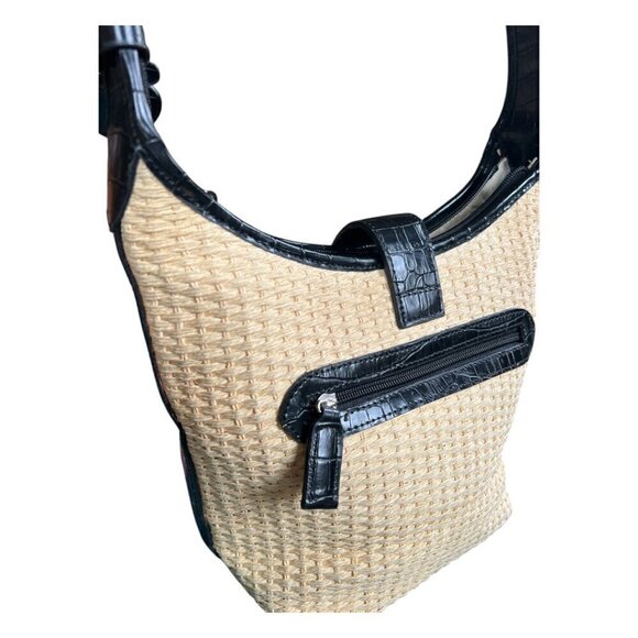 Raffa Straw & Black Crocodile Animal Print Vegan Leather Handbag Silver Hearts - Picture 8 of 13